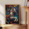 Pintura al óleo en impasto abstracta con tonos verdes y grises, pinceladas texturizadas - junto a una mesa auxiliar redonda de madera con libros
