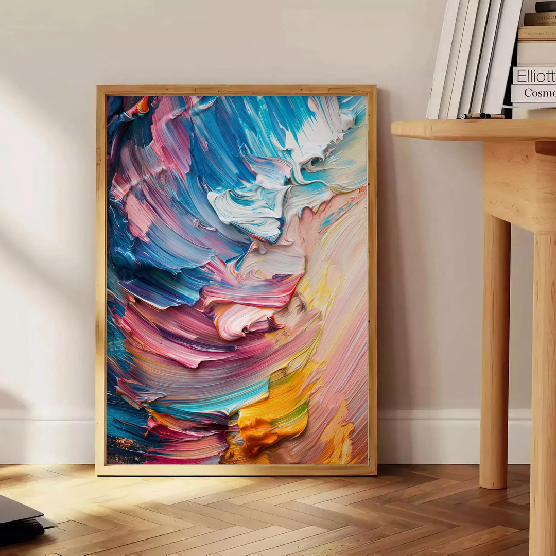 Pintura al óleo en impasto abstracta con ricos verdes y azules - junto a una mesa auxiliar redonda de madera con libros