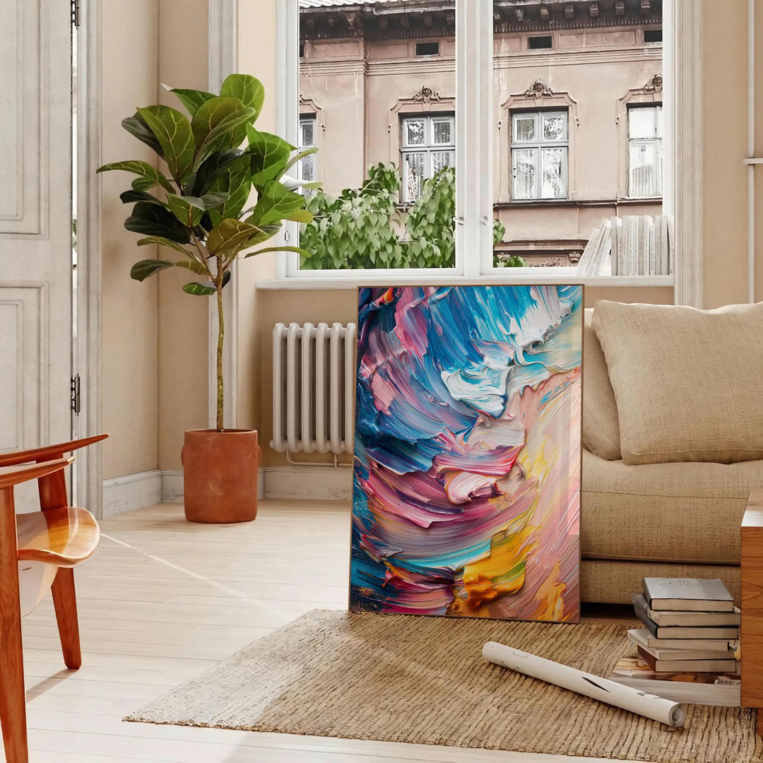 Pintura al óleo en impasto abstracta con ricos verdes y azules - en un salón parisino con sofá y un ficus