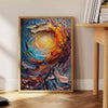 Pintura al óleo en impasto abstracto con remolinos verdes y naranjas - junto a una mesa auxiliar redonda de madera con libros