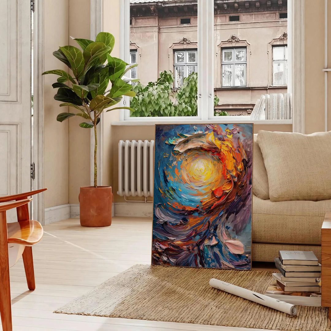 Pintura al óleo en impasto abstracto con remolinos verdes y naranjas - en un salón parisino con sofá y un ficus