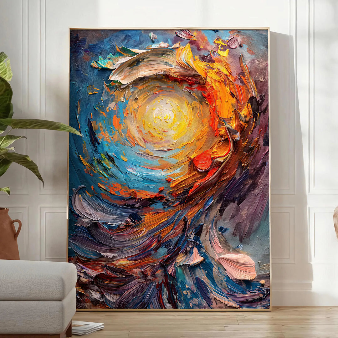 Pintura al óleo en impasto abstracto con remolinos verdes y naranjas - en una habitación luminosa y minimalista con planta y sillón
