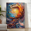 Pintura al óleo en impasto abstracto con remolinos verdes y naranjas - en una habitación luminosa y minimalista con planta y sillón