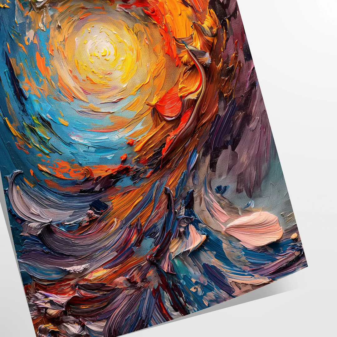 Pintura al óleo en impasto abstracto con remolinos verdes y naranjas - como impresión enrollada, sin marco