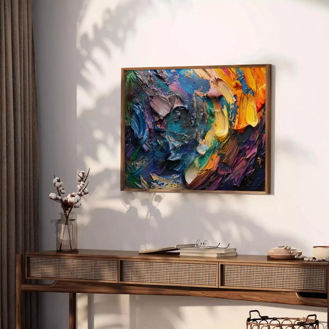 Pintura a óleo impasto com ricos tons de verde e laranja - sobre uma bancada com eucalipto e uma taça de limões