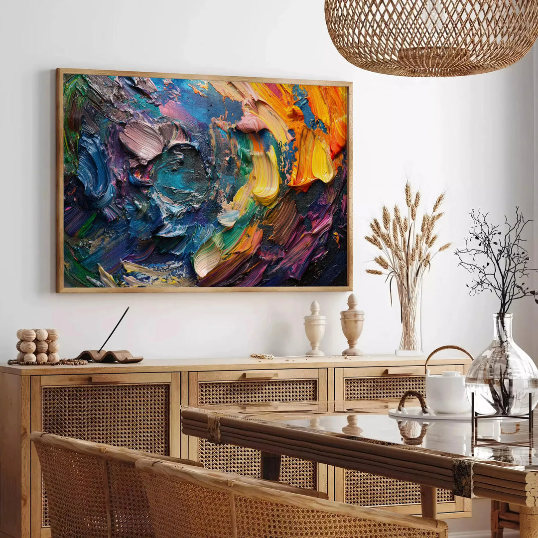 Pintura a óleo impasto com ricos tons de verde e laranja - numa sala parisiense com sofá e um ficus