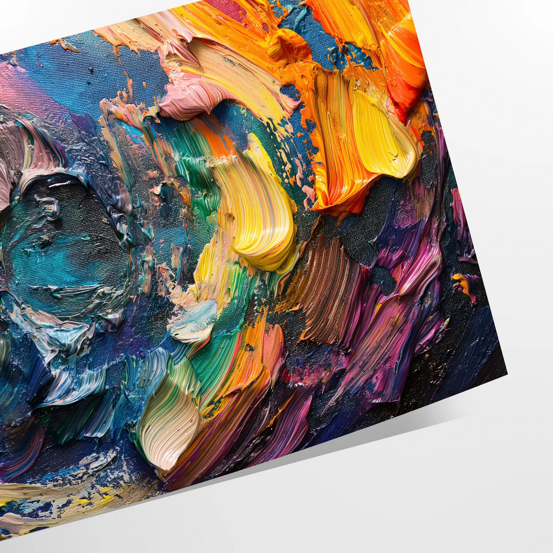 Pintura a óleo impasto com ricos tons de verde e laranja - como impressão enrolada, sem moldura