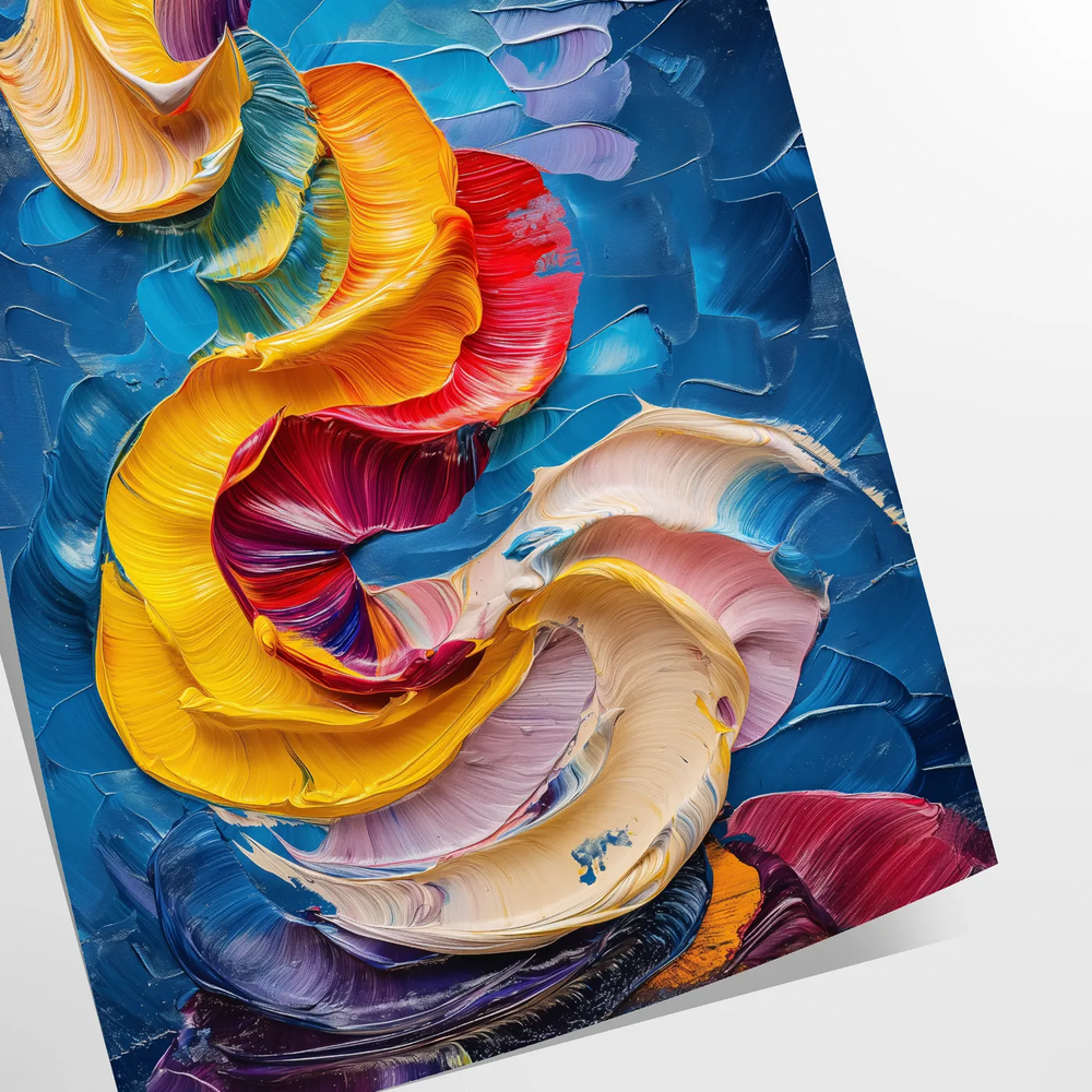 abstract impasto oil painting with swirling orange and blue textures