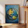 Pintura a óleo em impasto com tons texturizados de verde e azul - ao lado de uma mesa de apoio redonda em madeira com livros