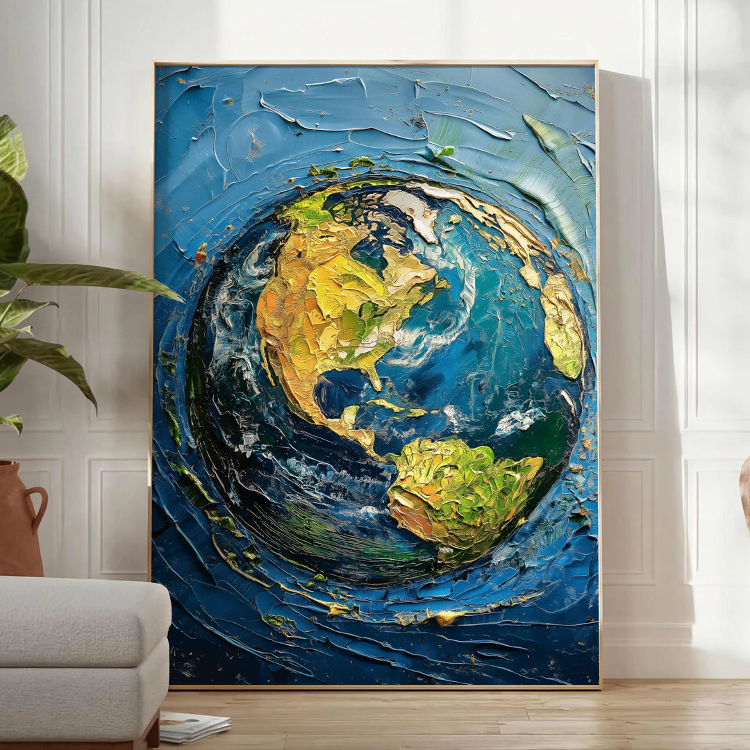 Pintura a óleo em impasto com tons texturizados de verde e azul - num quarto luminoso e minimalista com planta e poltrona
