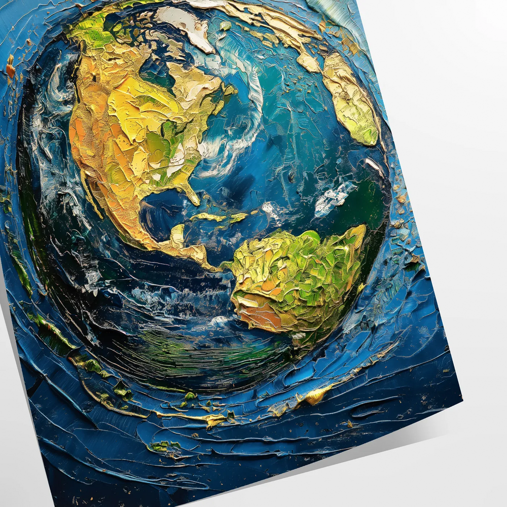 Impasto oil painting with textured green and blue hues