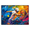 Impressionist landscape with orange and blue hues depicting a serene scene - in a black frame