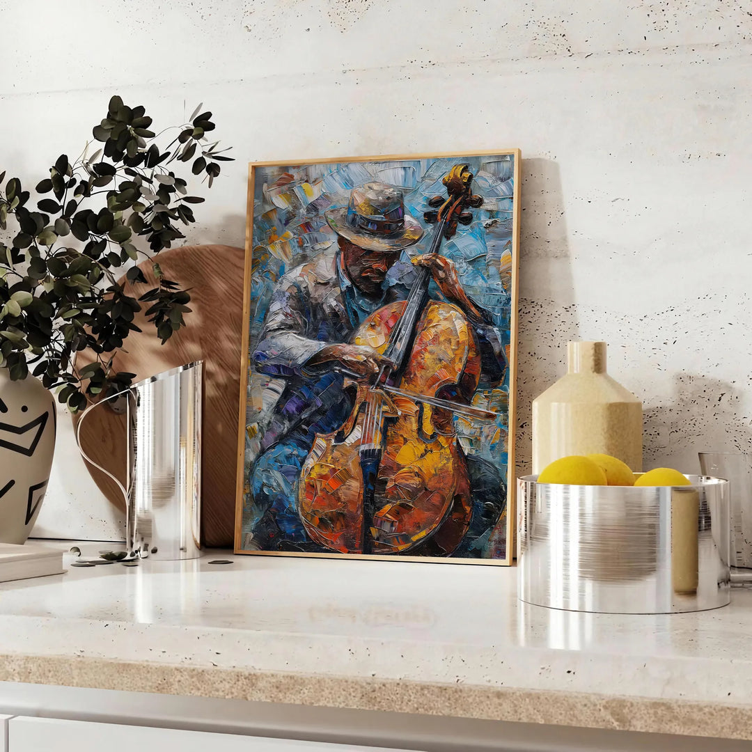 Impressionist landscape with lush greens and blues, evoking a serene atmosphere - styled on a counter with eucalyptus and a bowl of lemons