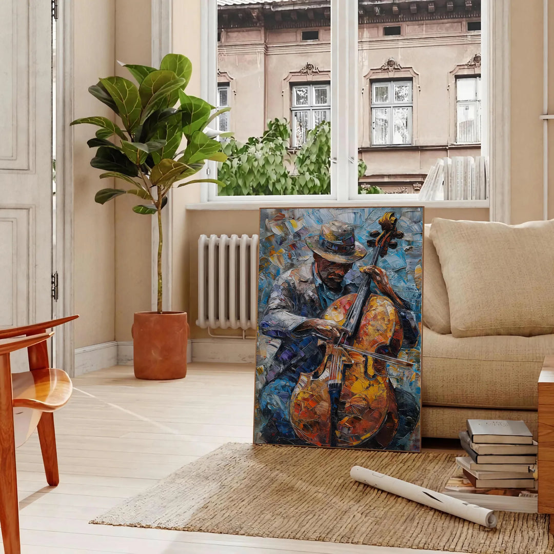 Impressionist landscape with lush greens and blues, evoking a serene atmosphere - in a Parisian living room with a sofa and a fig plant