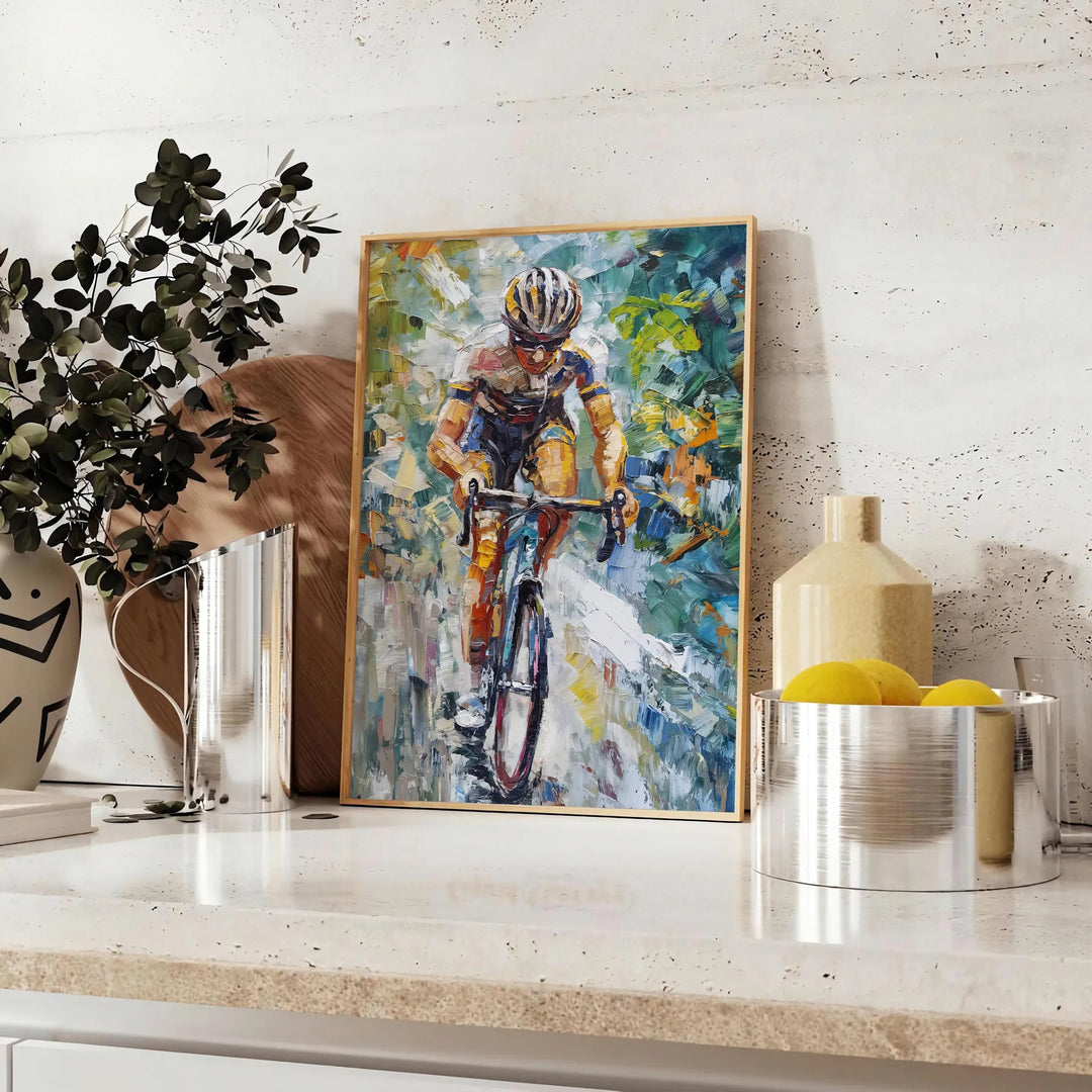 Impressionist landscape with lush greens and tranquil blues - styled on a counter with eucalyptus and a bowl of lemons