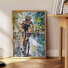 Impressionist landscape with lush greens and tranquil blues - beside a round wooden side table with books