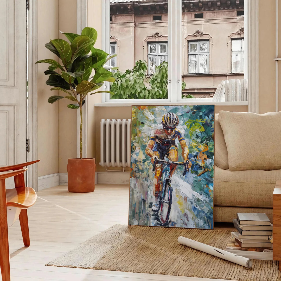 Impressionist landscape with lush greens and tranquil blues - in a Parisian living room with a sofa and a fig plant