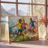 Abstract impressionist depiction of a cosmic scene in shades of green - beside a round wooden side table with books