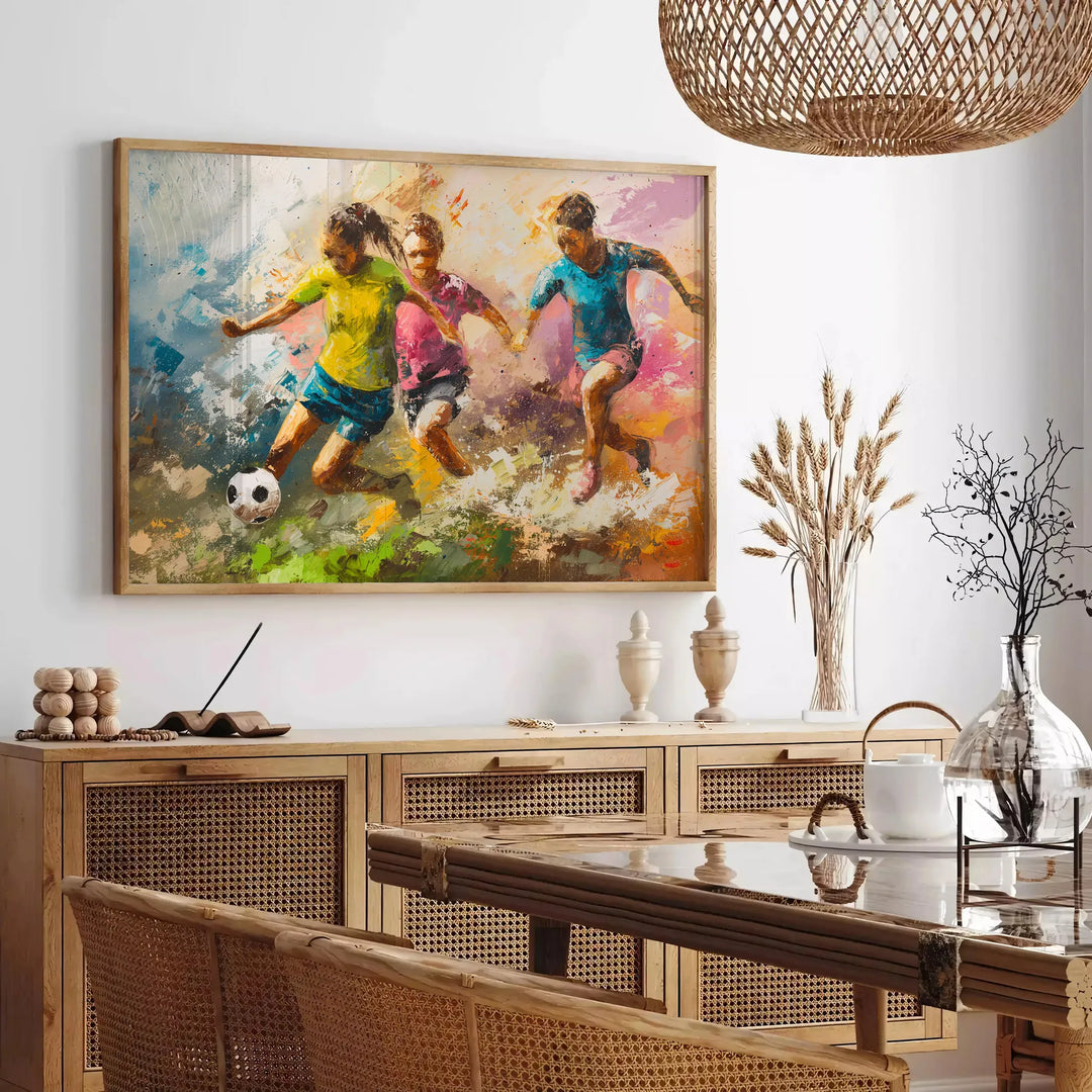 Abstract impressionist depiction of a cosmic scene in shades of green - in a Parisian living room with a sofa and a fig plant