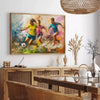 Abstract impressionist depiction of a cosmic scene in shades of green - in a Parisian living room with a sofa and a fig plant