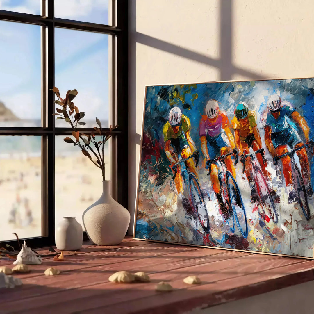 Paesaggio impressionista con verdi lussureggianti e blu tranquilli - appoggiato su un pavimento a spina di pesce contro una parete a pannelli