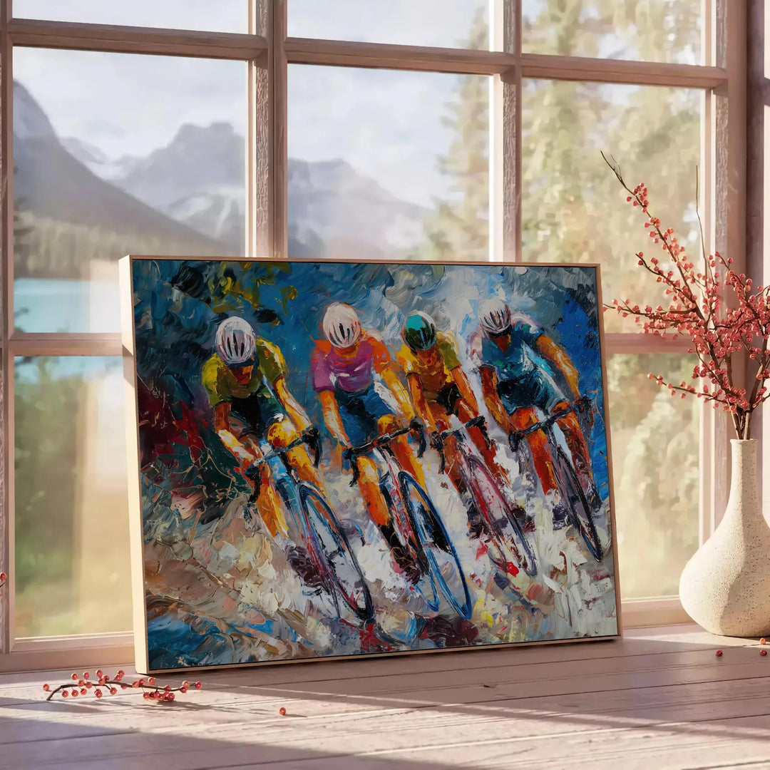 Paesaggio impressionista con verdi lussureggianti e blu tranquilli - accanto a un tavolino rotondo in legno con libri