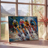 Paesaggio impressionista con verdi lussureggianti e blu tranquilli - accanto a un tavolino rotondo in legno con libri