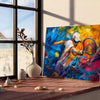 Impressionist landscape with orange and blue hues depicting a serene scene - leaning on a herringbone floor against a white panelled wall