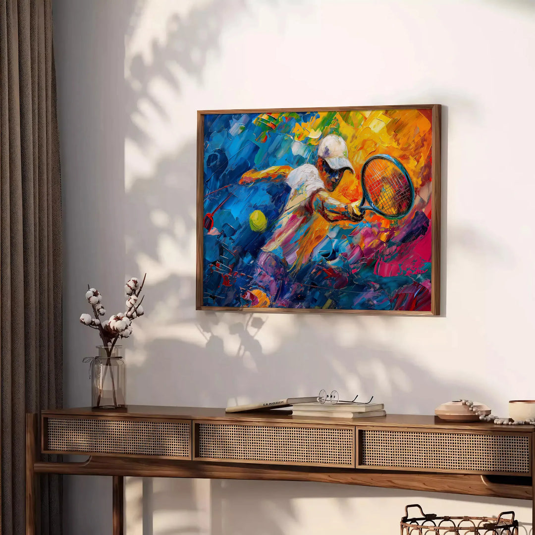 Impressionist landscape with orange and blue hues depicting a serene scene - styled on a counter with eucalyptus and a bowl of lemons