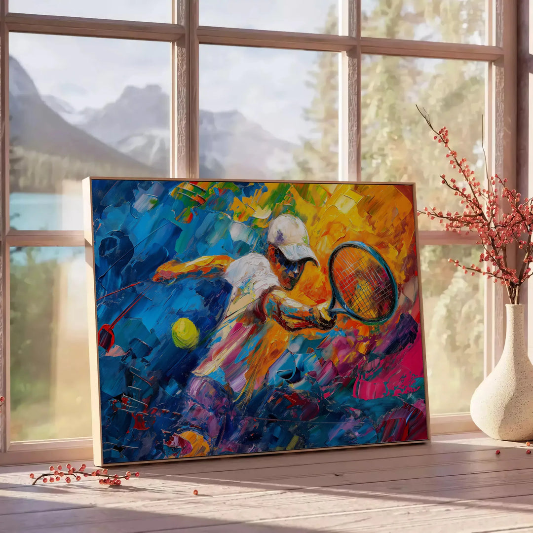 Impressionist landscape with orange and blue hues depicting a serene scene - beside a round wooden side table with books