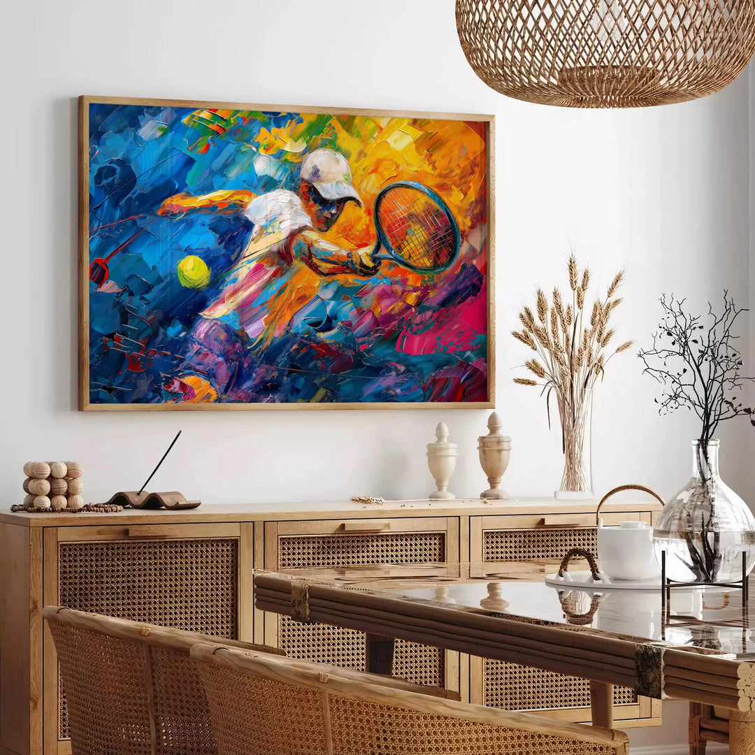Impressionist landscape with orange and blue hues depicting a serene scene - in a Parisian living room with a sofa and a fig plant