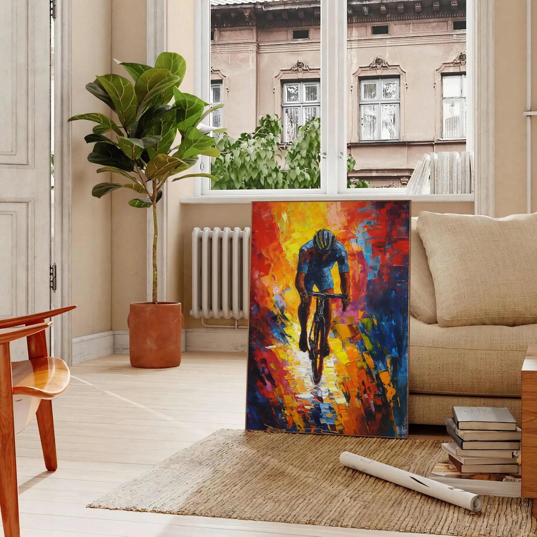 Impressionist landscape with green fields and blue sky - in a Parisian living room with a sofa and a fig plant