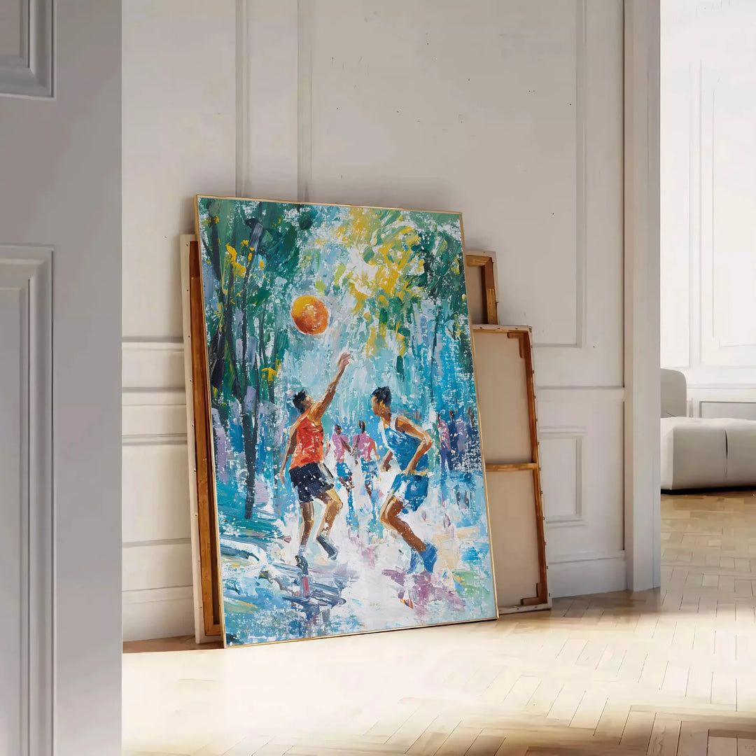 Impressionist landscape with lush greens and blues - leaning on a herringbone floor against a white panelled wall
