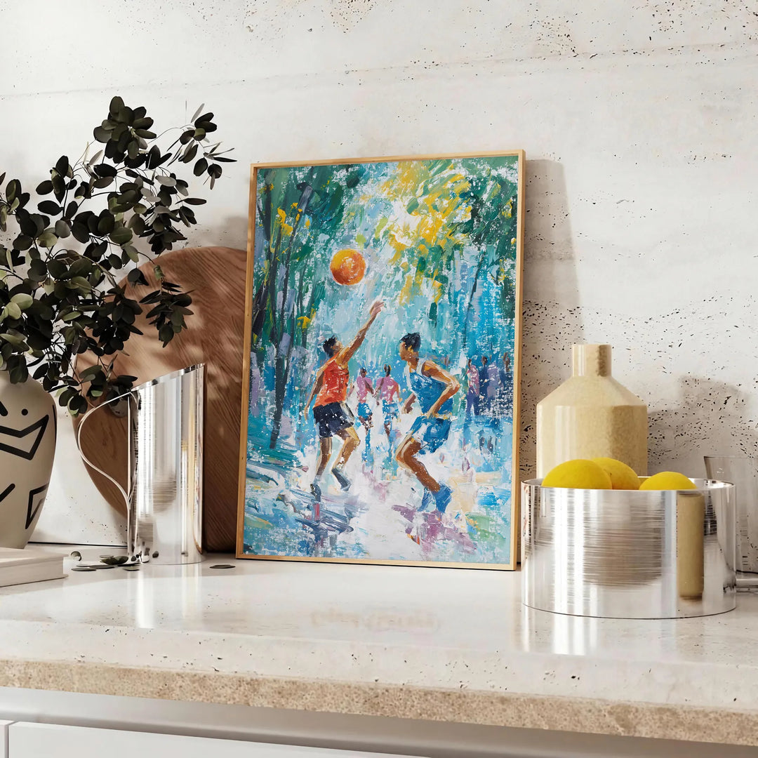 Impressionist landscape with lush greens and blues - styled on a counter with eucalyptus and a bowl of lemons