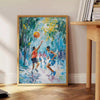 Impressionist landscape with lush greens and blues - beside a round wooden side table with books