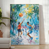 Impressionist landscape with lush greens and blues - in a bright minimalist room with a plant and an armchair