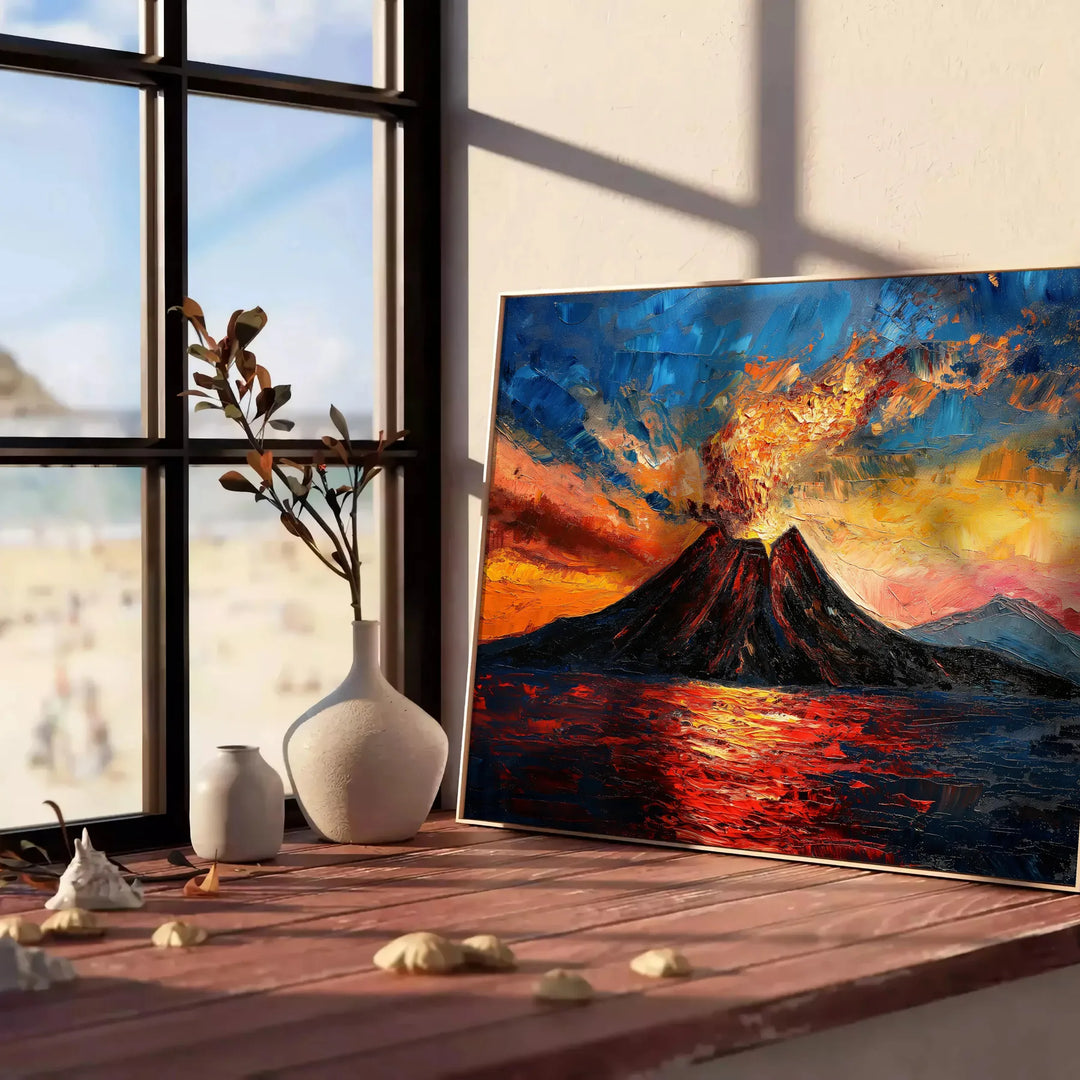 Impressionist artwork featuring a blend of black and orange hues - leaning on a herringbone floor against a white panelled wall