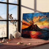 Impressionist artwork featuring a blend of black and orange hues - leaning on a herringbone floor against a white panelled wall