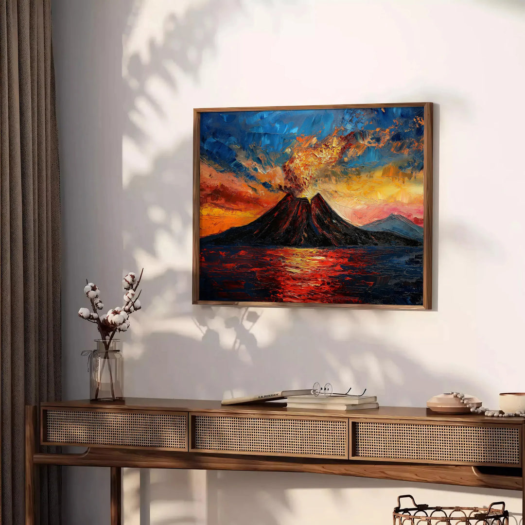 Impressionist artwork featuring a blend of black and orange hues - styled on a counter with eucalyptus and a bowl of lemons