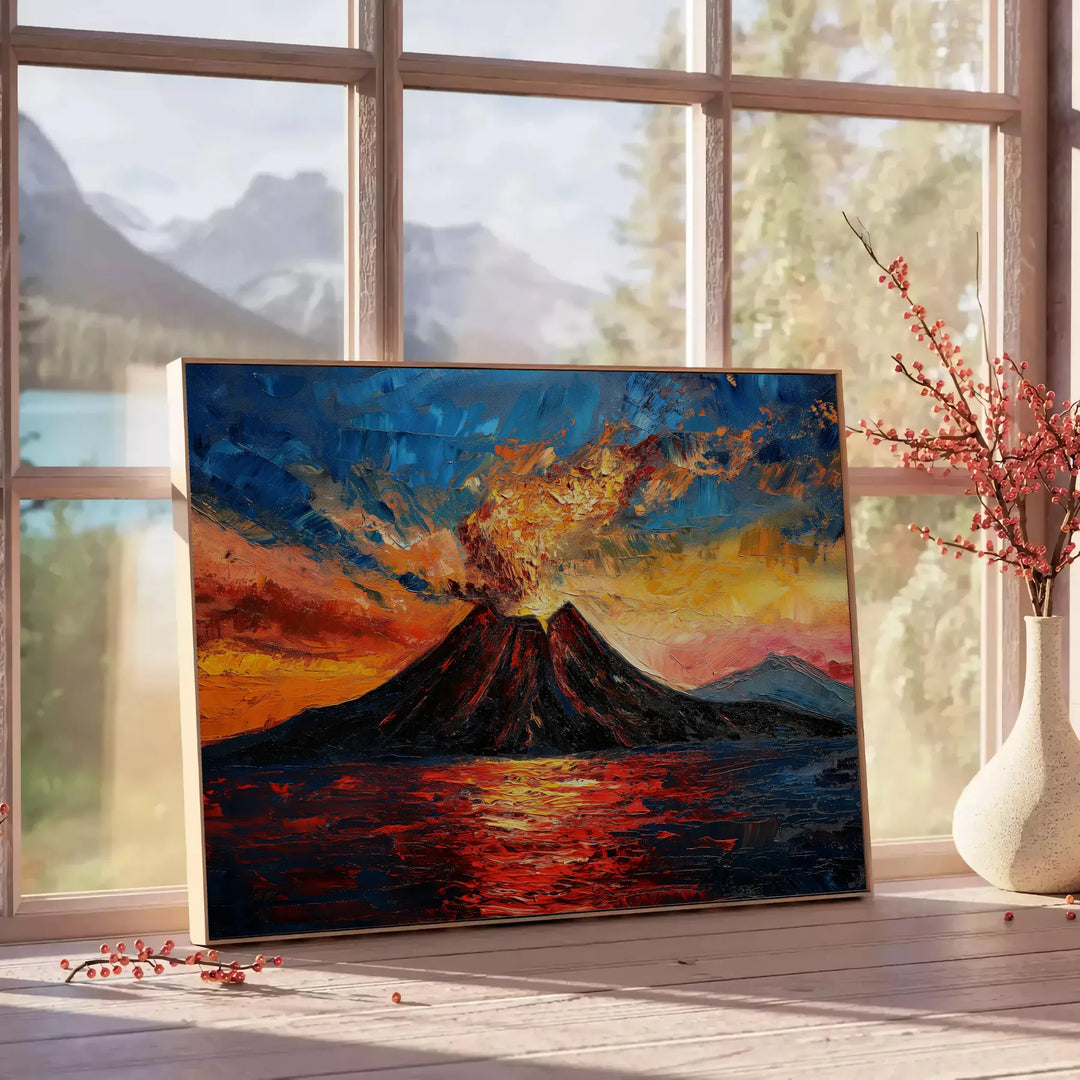 Impressionist artwork featuring a blend of black and orange hues - beside a round wooden side table with books