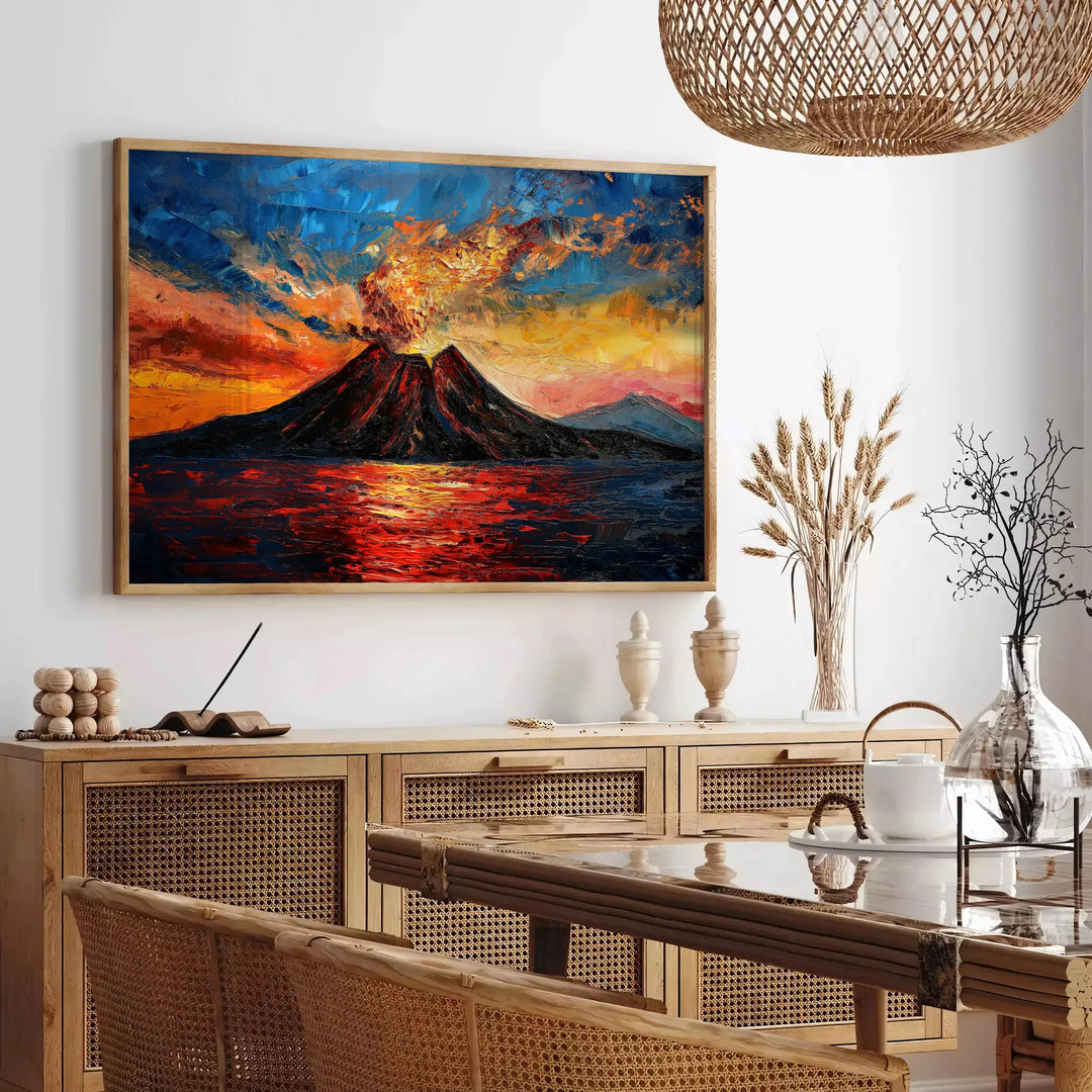 Impressionist artwork featuring a blend of black and orange hues - in a Parisian living room with a sofa and a fig plant