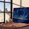 Impressionist landscape with serene greens and blues - leaning on a herringbone floor against a white panelled wall