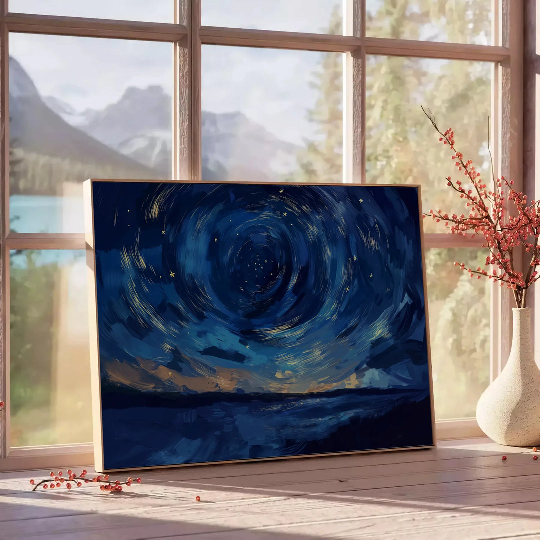 Impressionist landscape with serene greens and blues - beside a round wooden side table with books