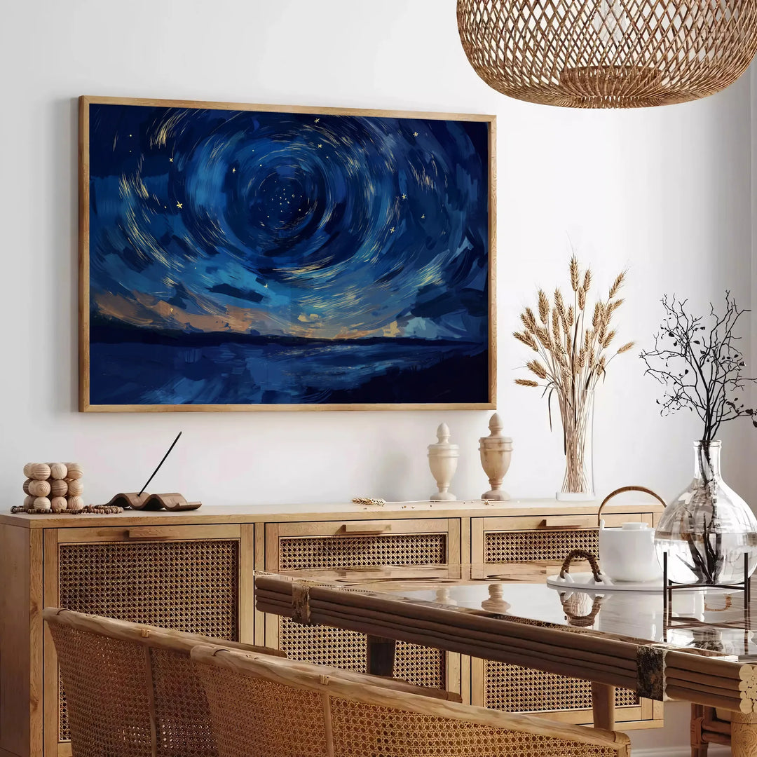 Impressionist landscape with serene greens and blues - in a Parisian living room with a sofa and a fig plant