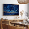 Impressionist landscape with serene greens and blues - in a Parisian living room with a sofa and a fig plant