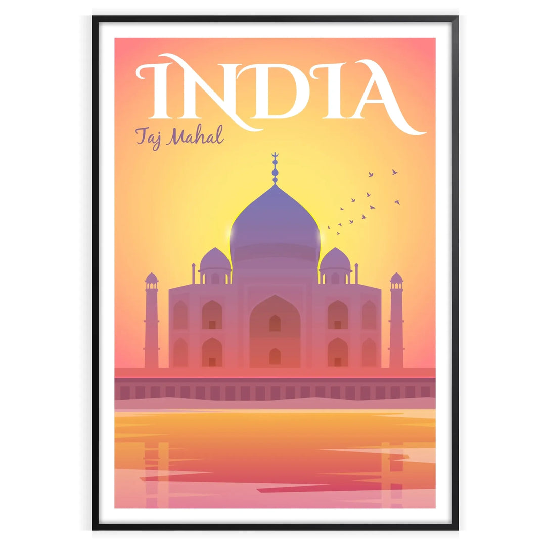 Colorful travel poster featuring iconic Indian landmarks and cultural motifs