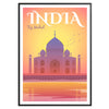 Colorful travel poster featuring iconic Indian landmarks and cultural motifs - in a black frame