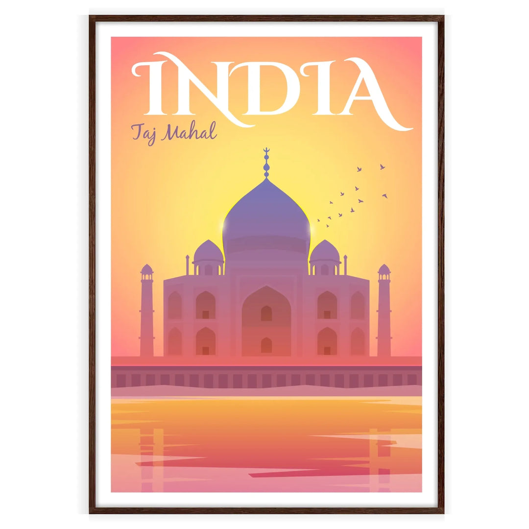 Colorful travel poster featuring iconic Indian landmarks and cultural motifs - in a walnut frame