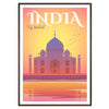 Colorful travel poster featuring iconic Indian landmarks and cultural motifs - in a walnut frame