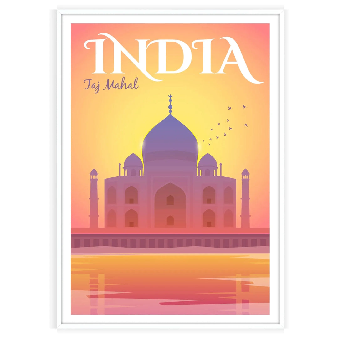 Colorful travel poster featuring iconic Indian landmarks and cultural motifs - in a white frame